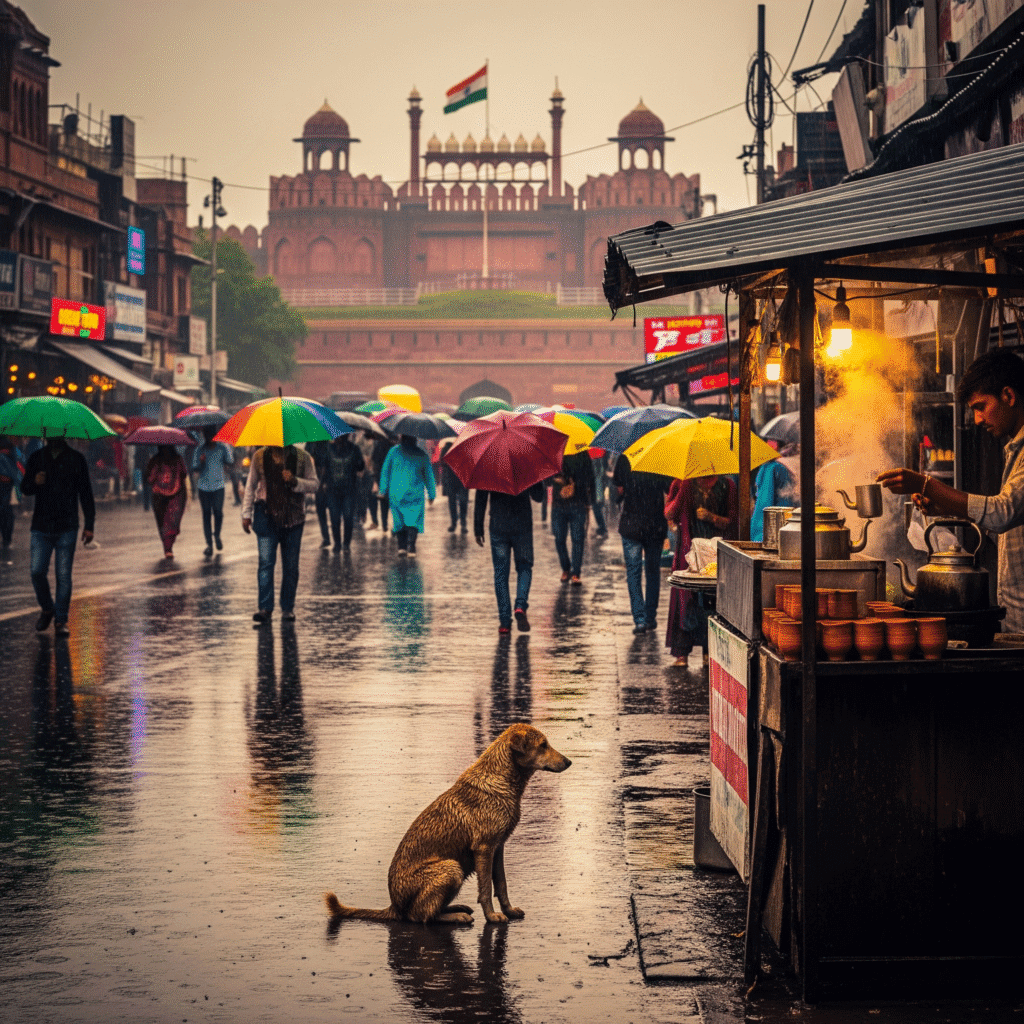 Stray dogs, Delhi: A photojournalistic-style photo on a rainy day in Delhi. The wet street reflects the city lights. In the foreground, a lone stray dog sits quietly near a tea stall. In the middle ground, crowds of people with colorful umbrellas walk down the street. In the distance, the Red Fort with the Indian national flag flying atop it is visible.