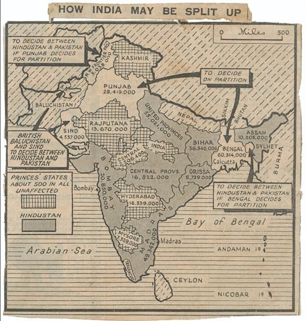 A historical newspaper map depicting how India might be split during the 1947 Partition, just before India’s independence.

